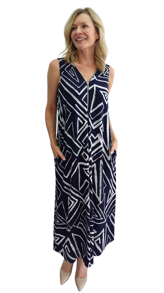 Sleeveless Blue & White Pattern Dress. Style SW207228