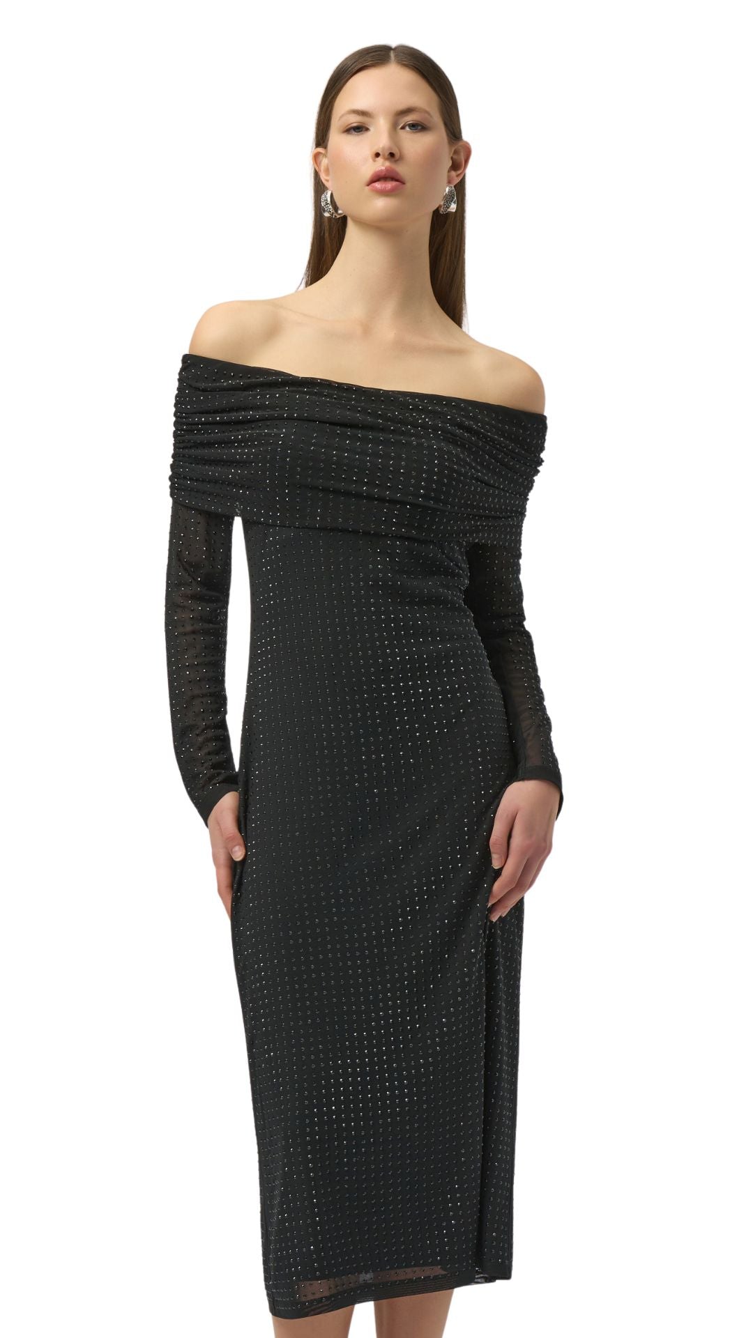 Rhinestone Mesh Off-Shoulder Midi Dress. Style JR254913
