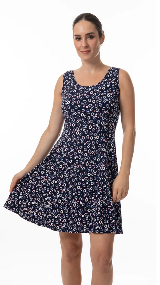 Sleeveless Navy & Pink Dot Pattern Dress. Style BALI8560