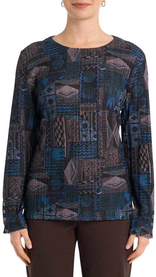 Dark Blue Tones Abstract Print Long Sleeve Top. Style MIYC437