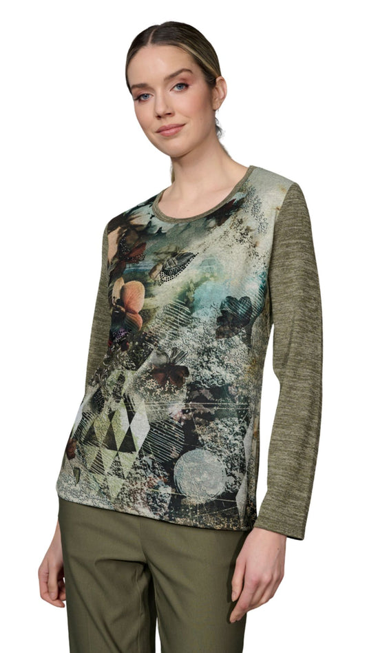 Green Abstract Print Long Sleeve Top. Style PYFC202BC