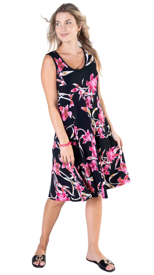Pink & Black Floral Print Sleeveless Dress. Style JDA6005-15