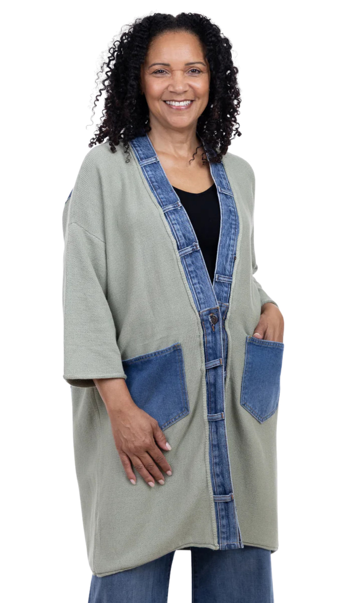 "Love" Denim Applique Long Length Cardigan. Style SHNP5547