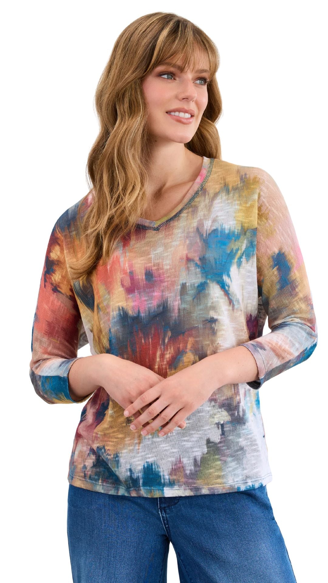 "Fall Bouquet" Dolman V-Neck 3/4 Sleeve Top. Style FD3705955