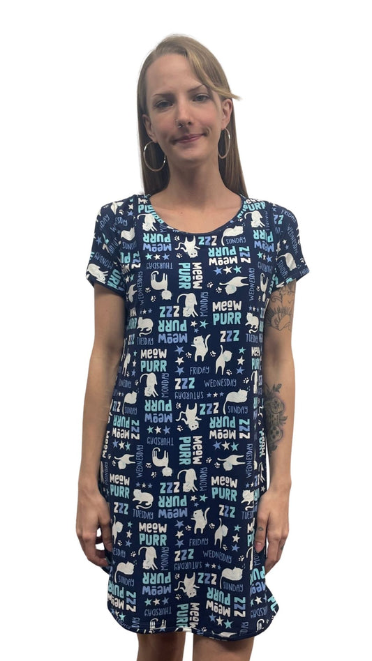 "Meow Purr" Print Night Shirt. Style COTYM-NSMEOW