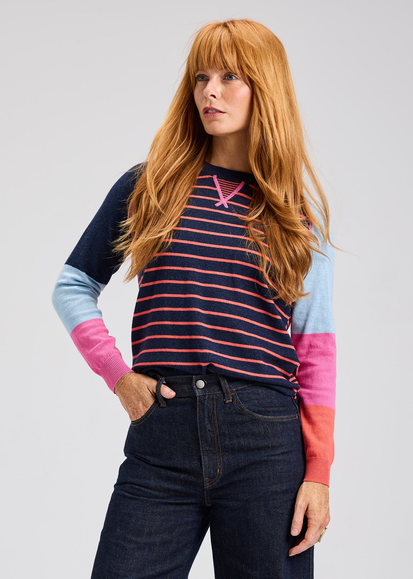 Striped Middle & Colour Block Sleeves Knit Sweater. Style ZKP7534U