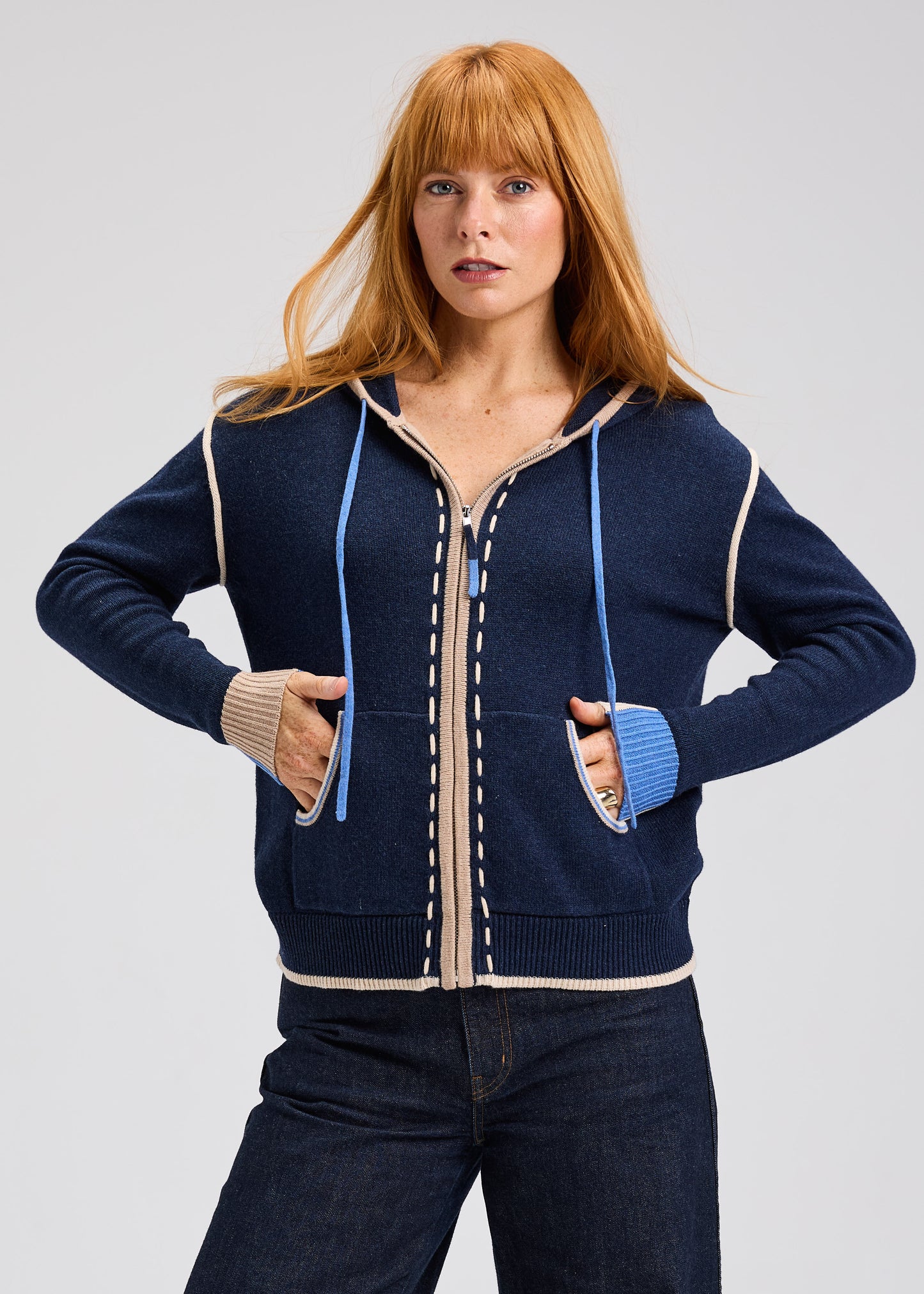 Zip Front Blanket Stitch Hoodie. Style ZKP7536U
