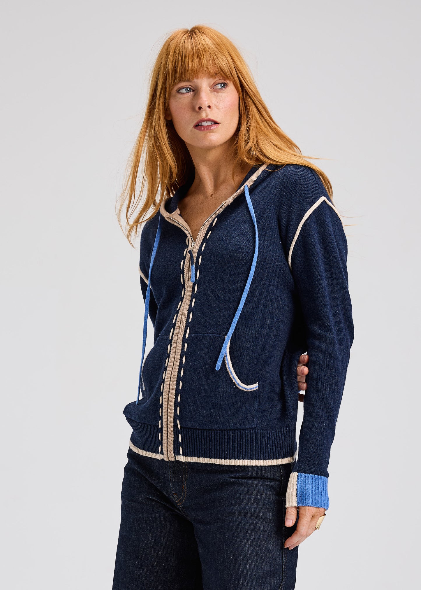 Zip Front Blanket Stitch Hoodie. Style ZKP7536U