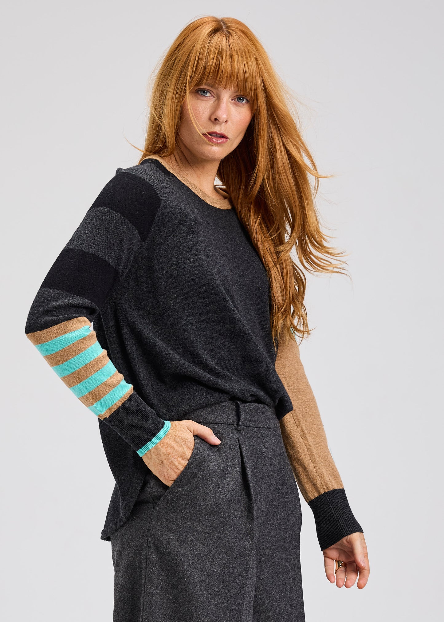 Daisy Arm & Stripped Arm Knit Sweater. Style ZKP7541U