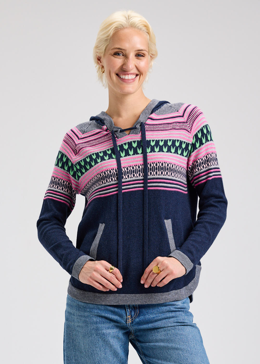 Patterned Soft Knit Pull-Over Hoodie. Style ZKP7542U