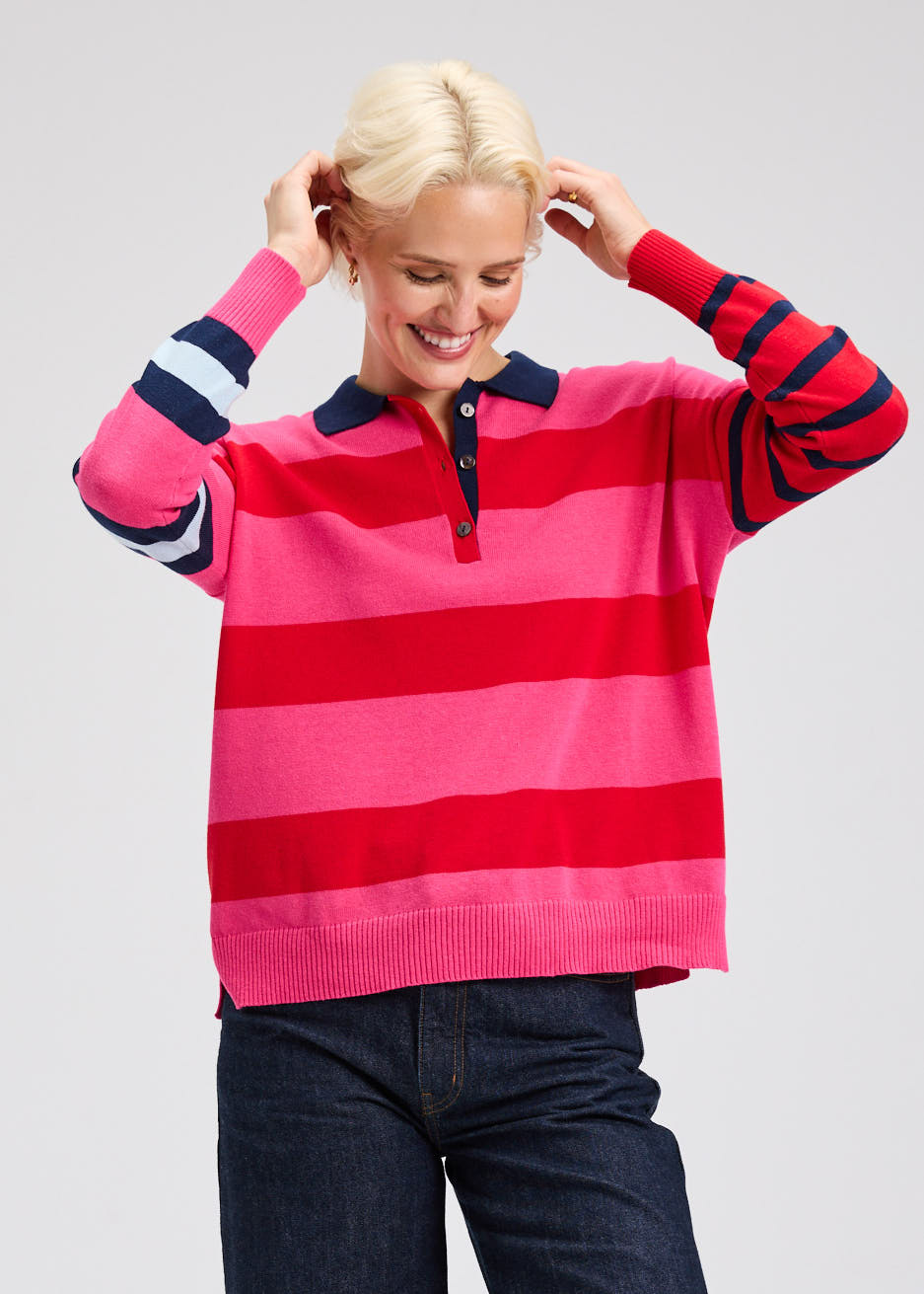 Pink Stripes "Blah Blah" Collared Sweater. Style ZKP7543U