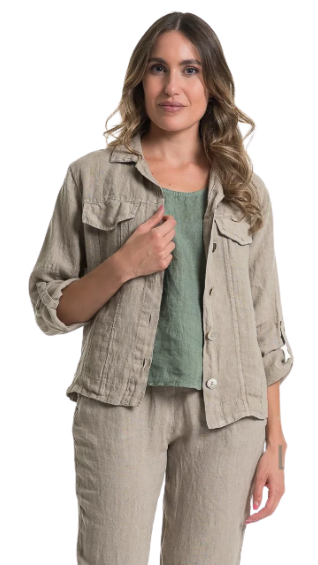 Button Front Solid Colour Roll-Up Sleeve Jacket. Style LLTP1736