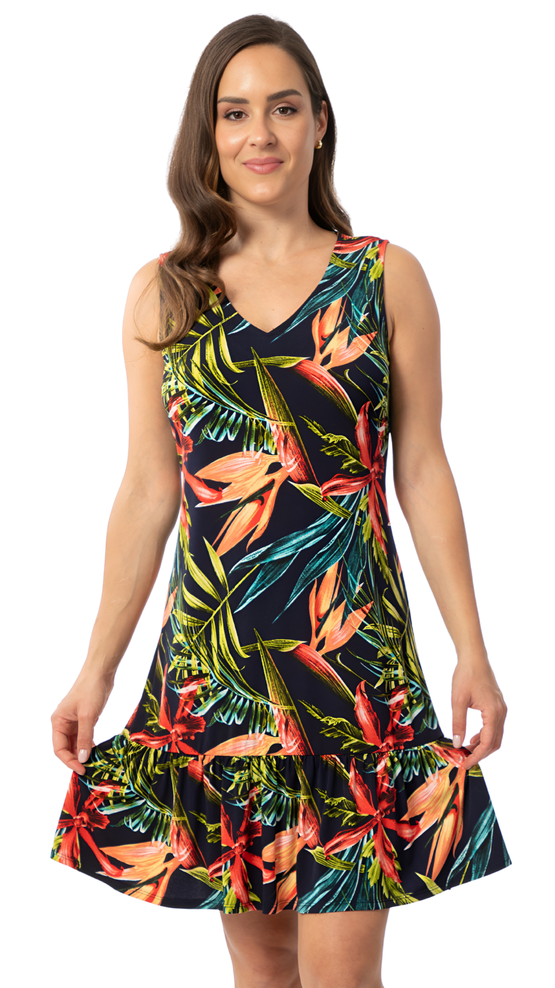 V-Neck Sleeveless Ruffle Hem Tropical Print Midi Dress. Style BALI8783