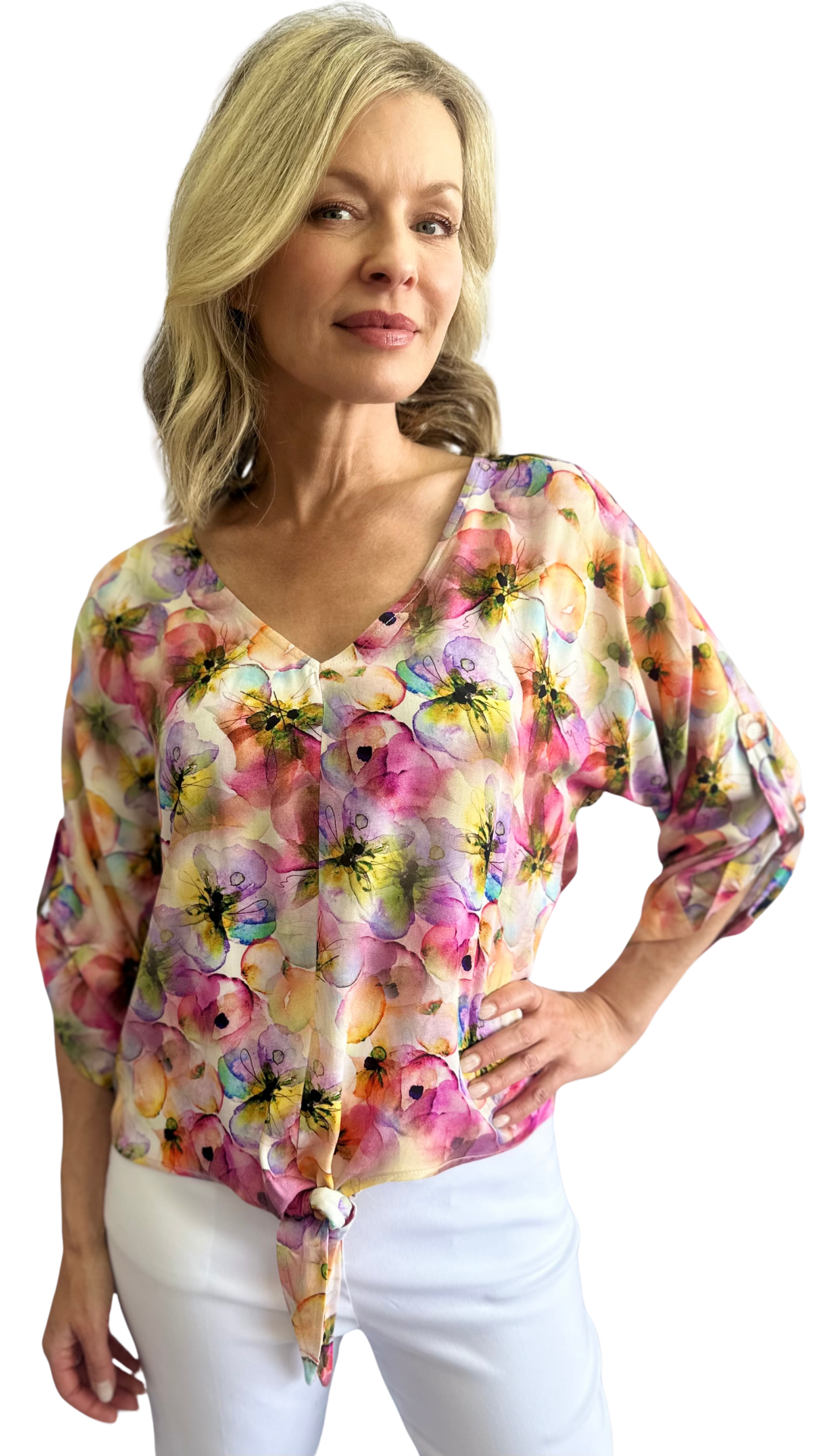 Tie Up Bottom 3/4 Roll-Up Sleeve Floral Print Top. Style SW202545
