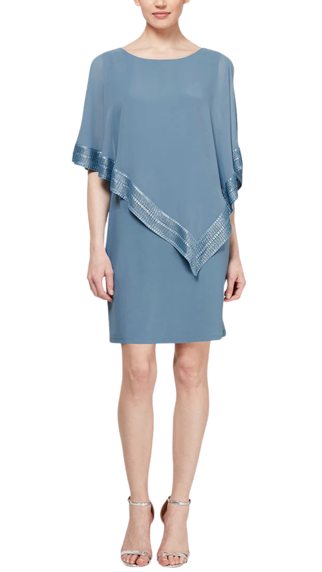Foil Trim Asymmetrical Chiffon & Jersey Popover Cape Dress. Style SL111176