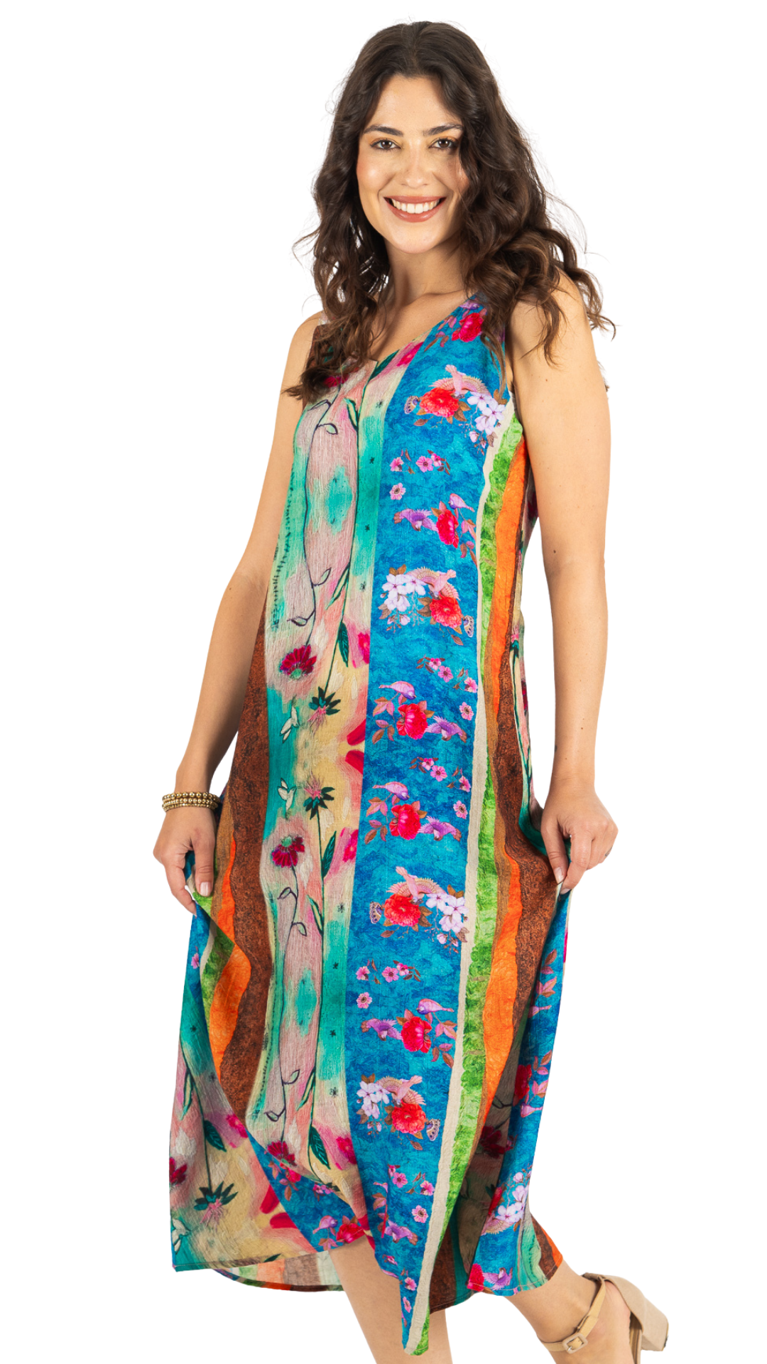 Colourful Multi Vintage Floral Prints Sleeveless Dress. Style FS261635