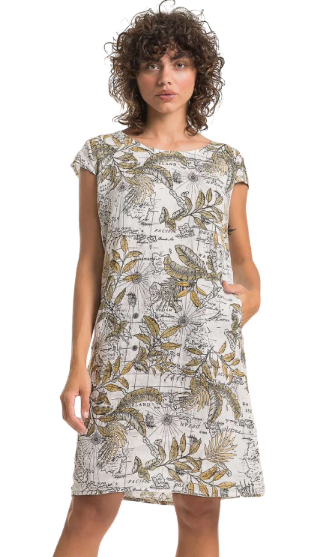 Boat Neck Cap Sleeve Tropical Map Print Straight Linen Dress. Style LLTP1773P
