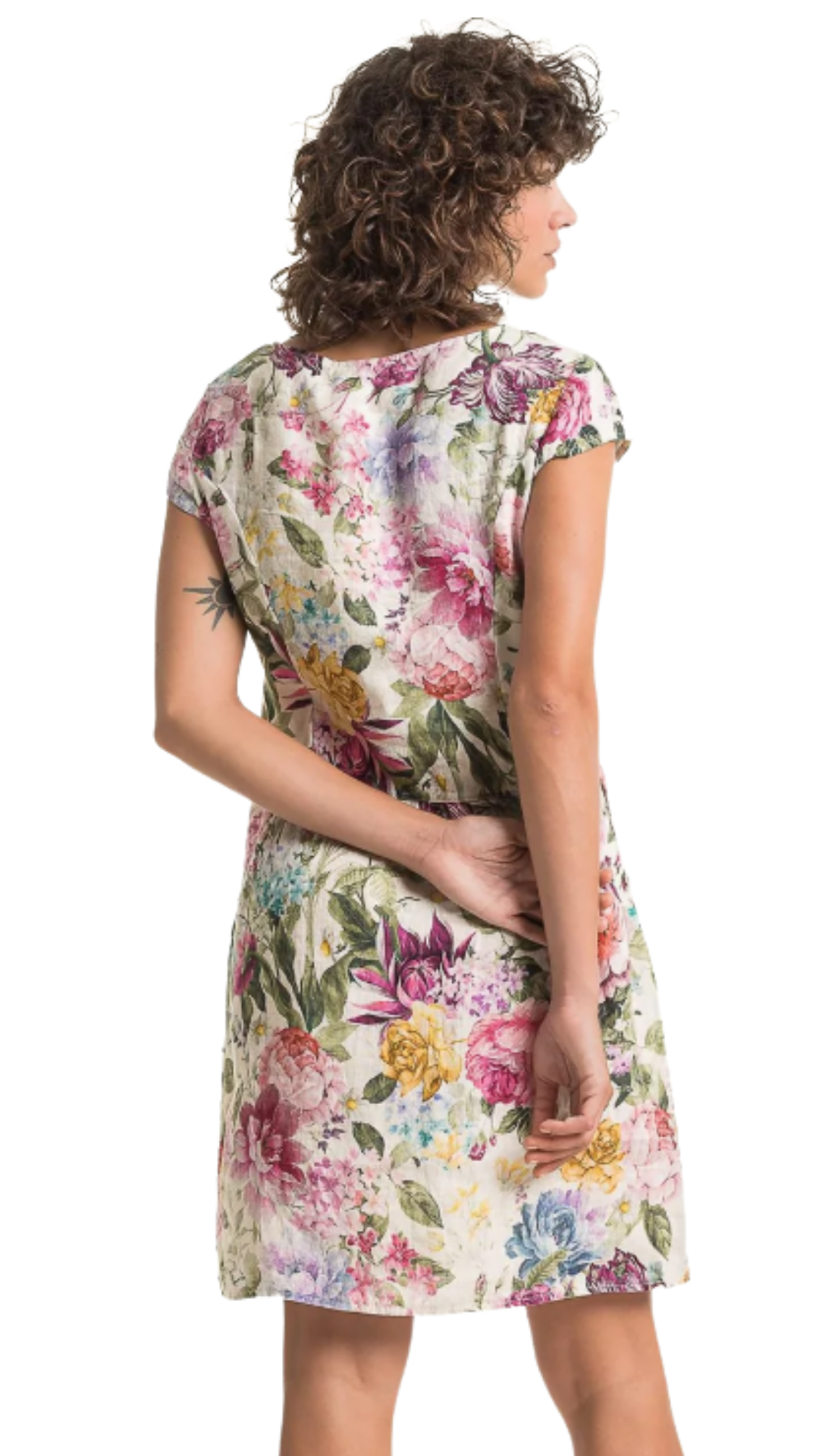 Boat Neck Cap Sleeve Floral Print Straight Linen Dress. Style LLTP1764P