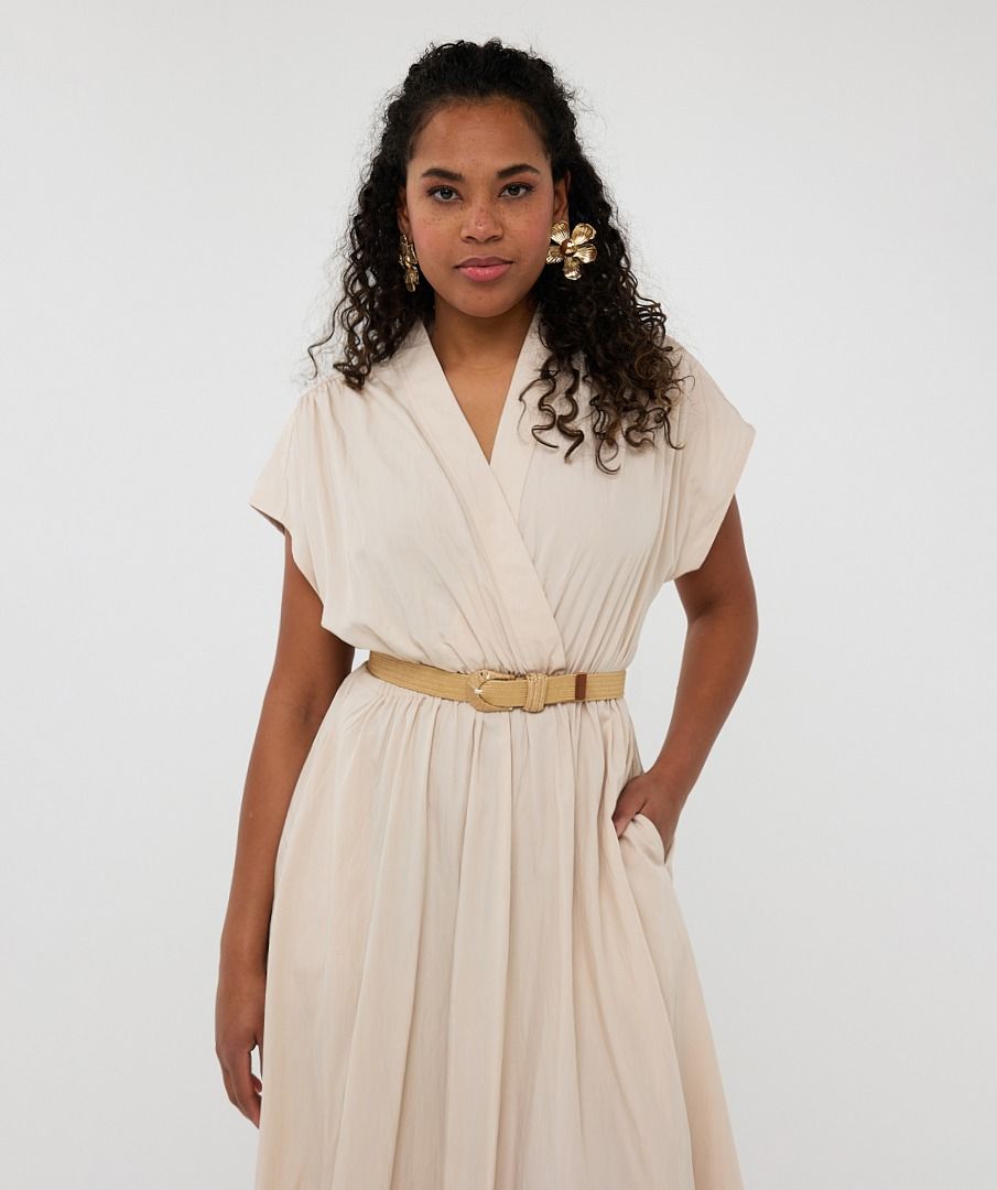 Crossover Elastic Waist Belted Midi Dress. Style ESQHS2505203