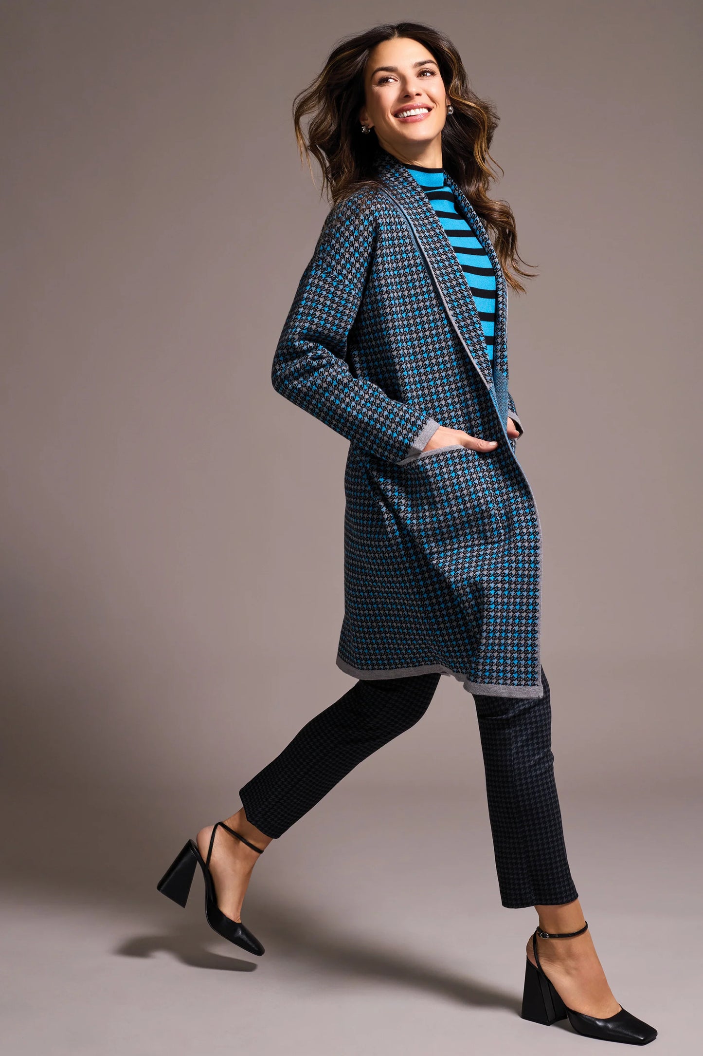 Double Knit Long Plaid Coatigan. Style TR1523O-8234