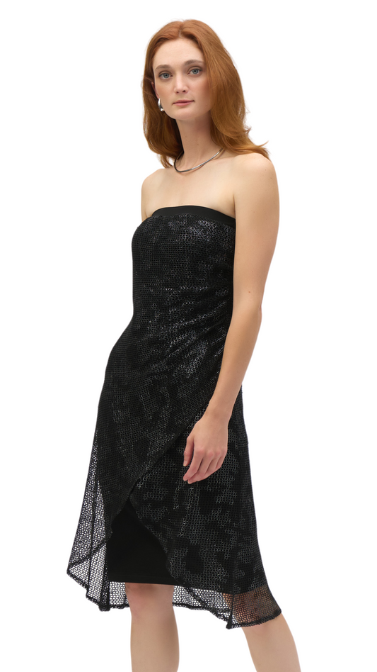 Foiled Mesh & Silky Knit Optional Strapless Dress. Style JR252198