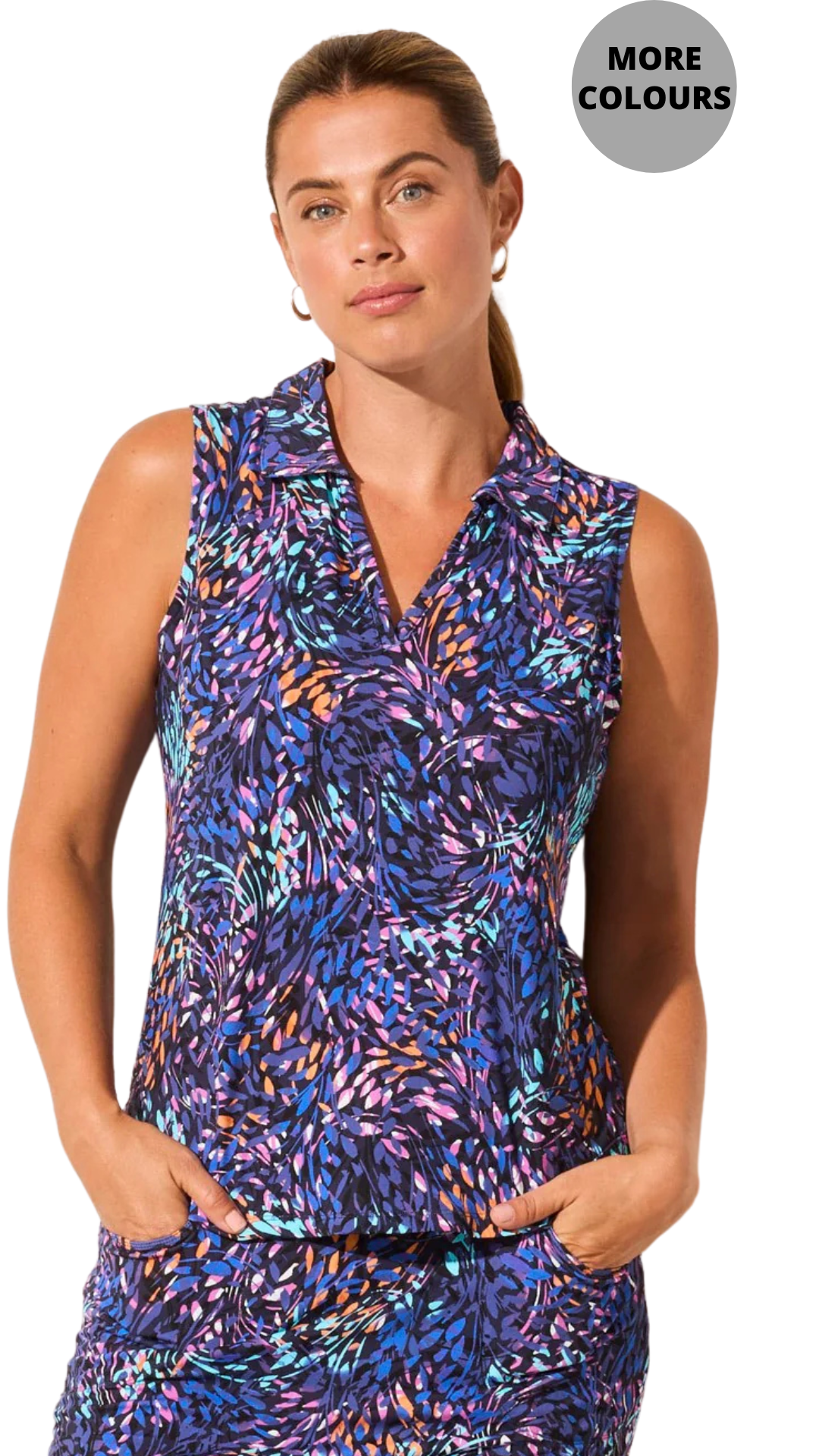 Textured Print Sleeveless Polo Top With Shirtail. Style TR2063O-3024