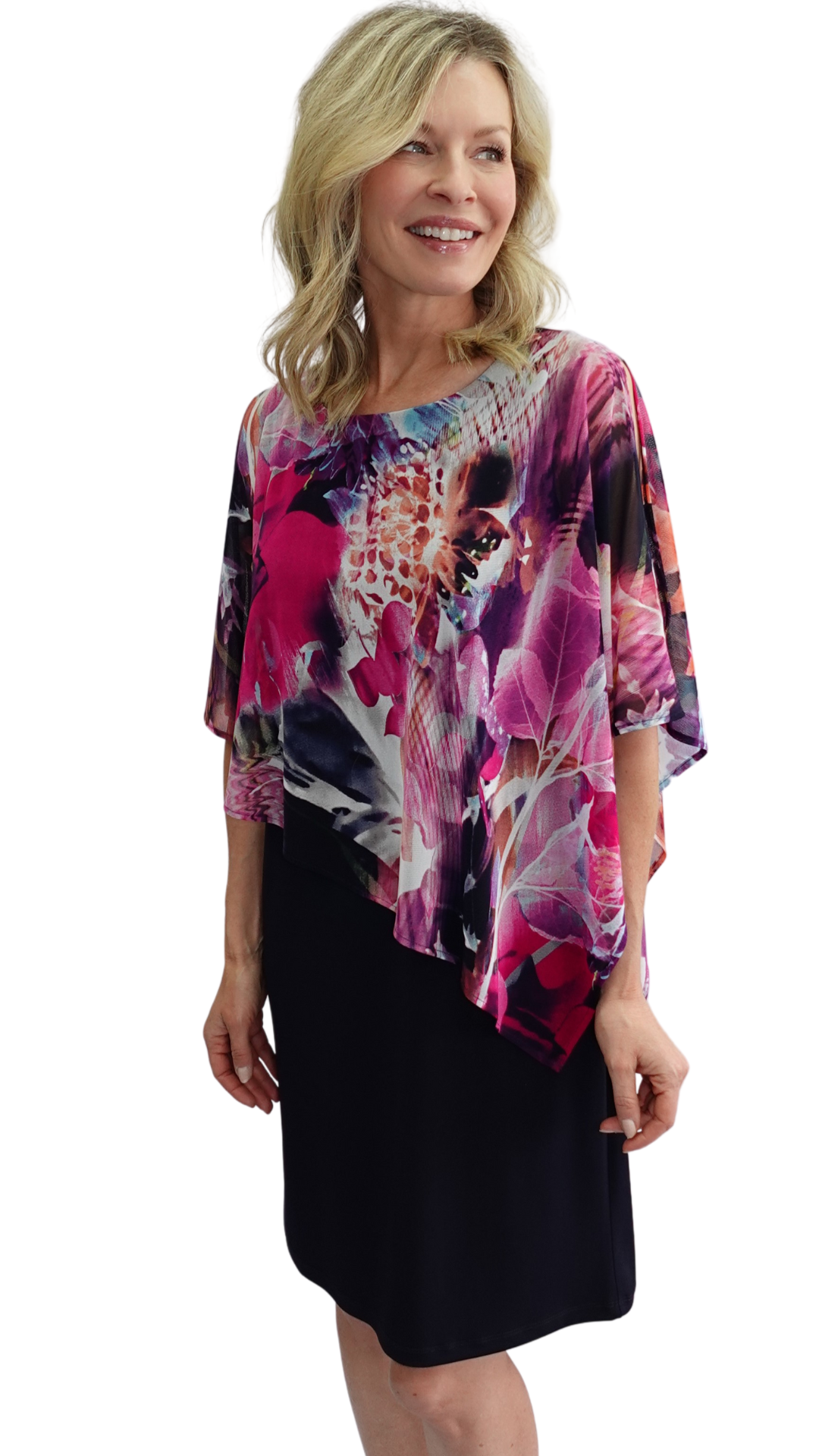 Floral Sheer Cape Overlay Dress. Style SW207210