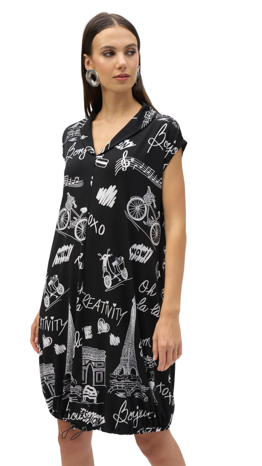 Paris Print Silky Knit Cocoon Dress. Style JR252025