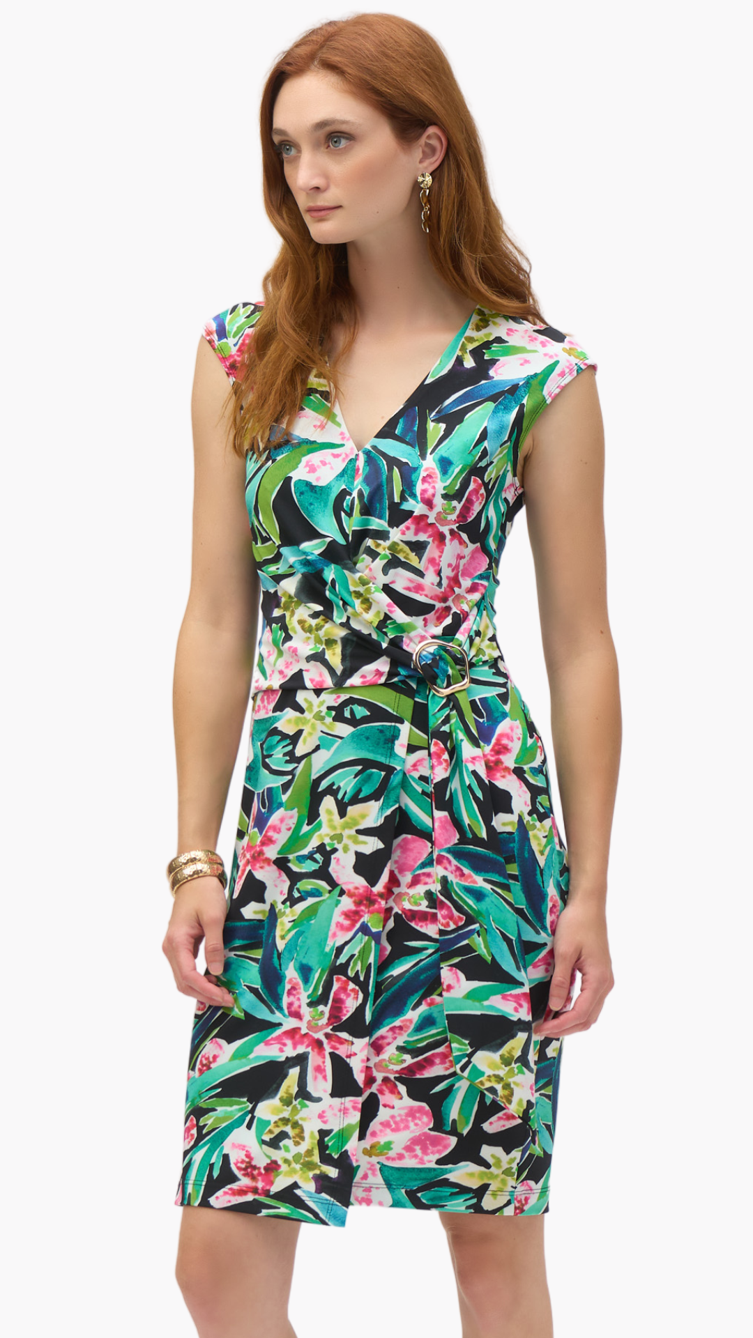 Silky Knit Tropical Print Sheath Dress. Style JR252079