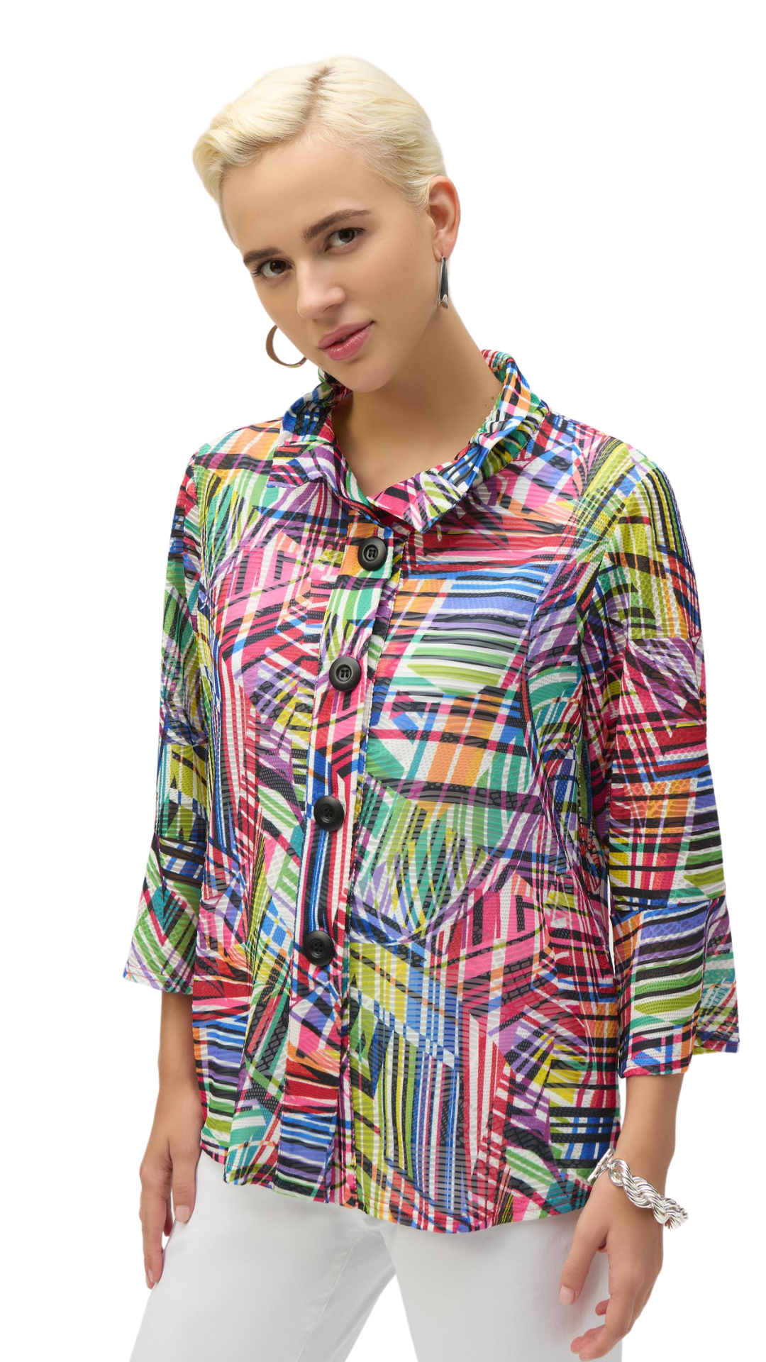 Jacquard Stripe 3/4 Sleeve Trapeze Jacket. Style JR252038