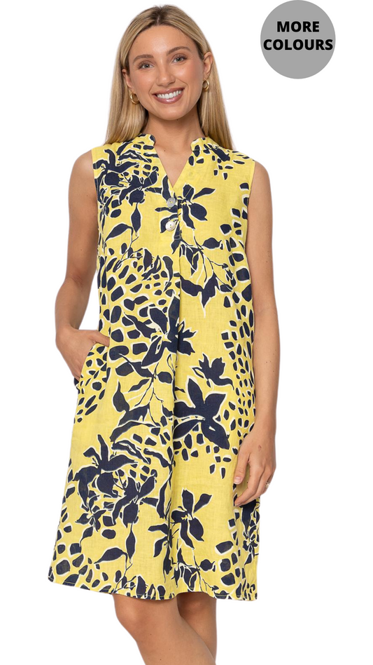 Buttons & Front Pleat Printed Linen Dress. Style LL1484