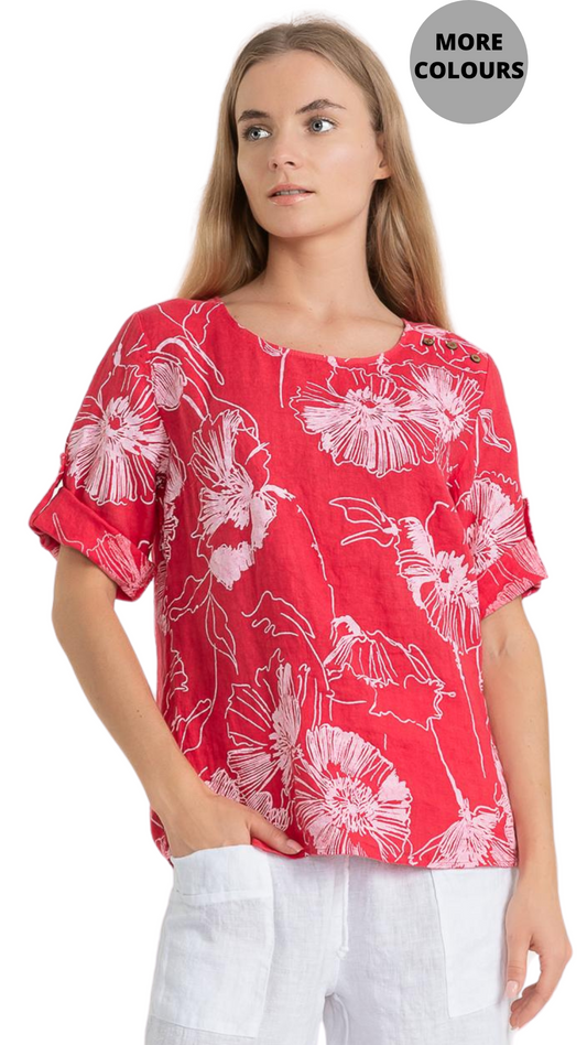 Cuffed Sleeve Floral Linen Top. Style LO1516