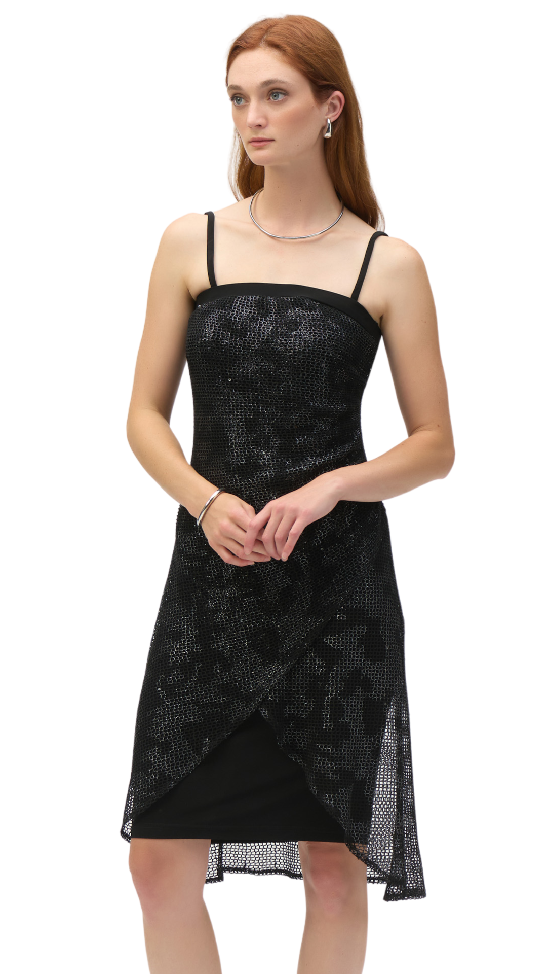 Foiled Mesh & Silky Knit Optional Strapless Dress. Style JR252198