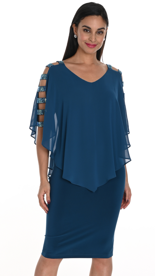 Chiffon Cape Overlay with Rhinestone Panel Sleeves. Style FL249008