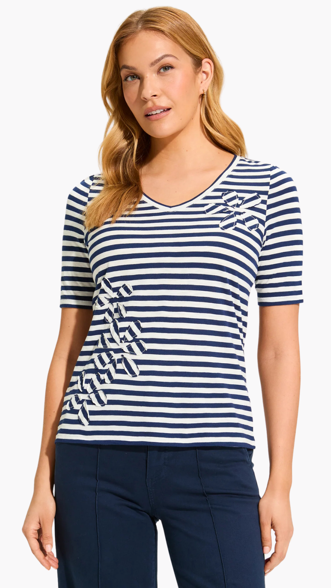 Navy & White Stripe Appliqué Top. Style FD3899476