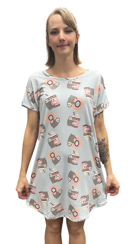 Latte Sloth Print Nightshirt. Style COTYM-NSSLOTH