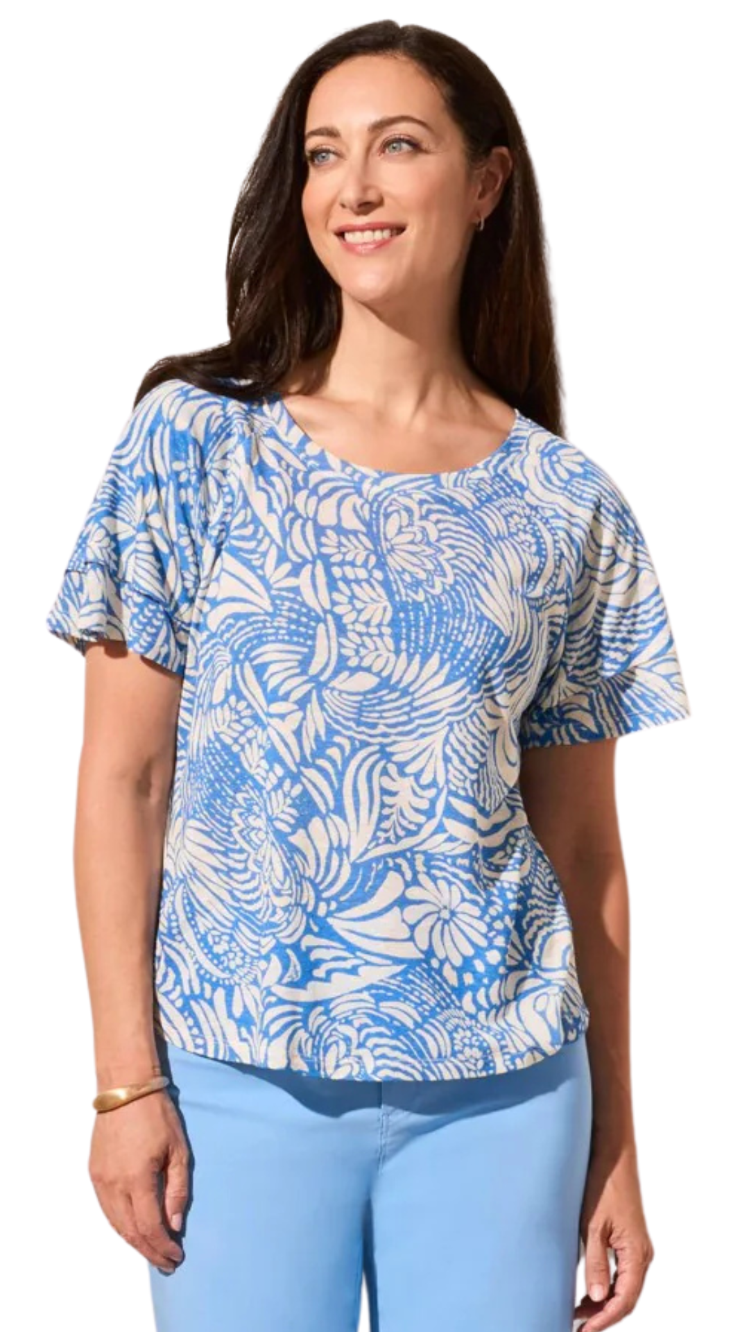 Linen Blend Ruffled Sleeve Top. Style TR2029O-1557