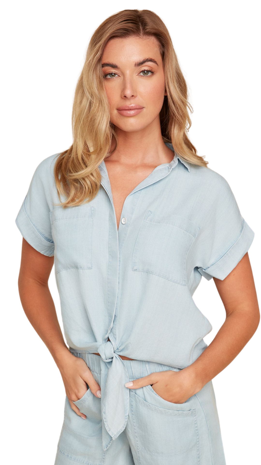 Tie Front Rolled Cuff Top. Style RENR5155-E2143