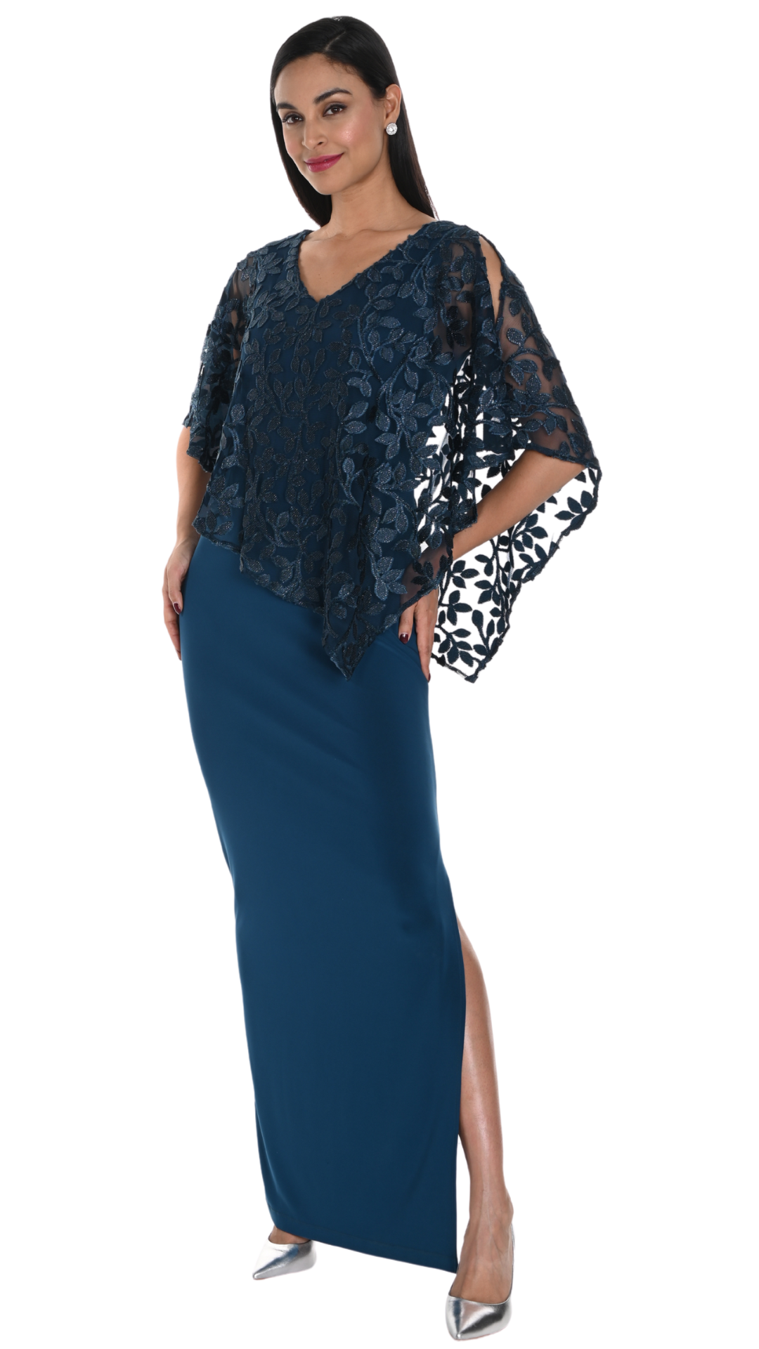 Gown with Asymmetrical Textured Floral Cape Overlay. Style FL249278