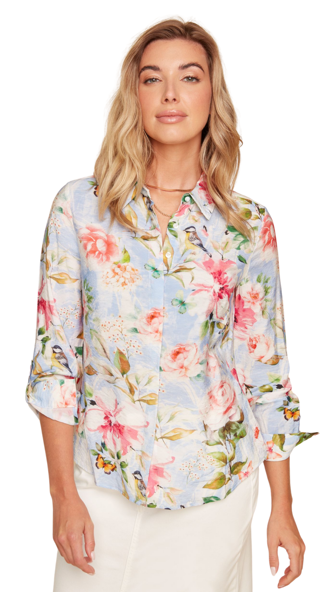 Lightweight Floral Hidden Button Placket Blouse. Style RENR5186-439