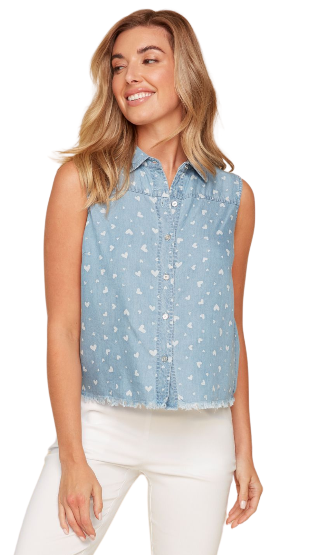 Heart Print Sleeveless Denim Top. Style RENR5168-E3027