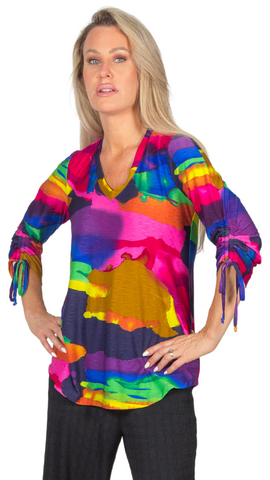Rainbow Coloured Ruch & Tie Cuff Top. Style PE120-4578