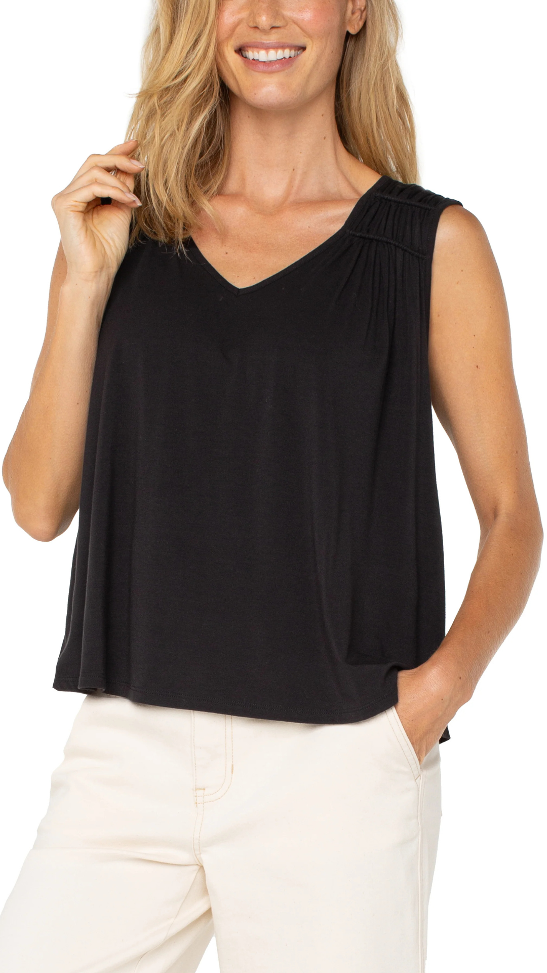 Shirred Shoulder Sleeveless Knit Top. Style LVLM8D93VMK