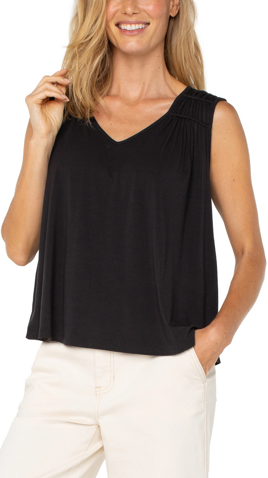 Shirred Shoulder Sleeveless Knit Top. Style LVLM8D93VMK
