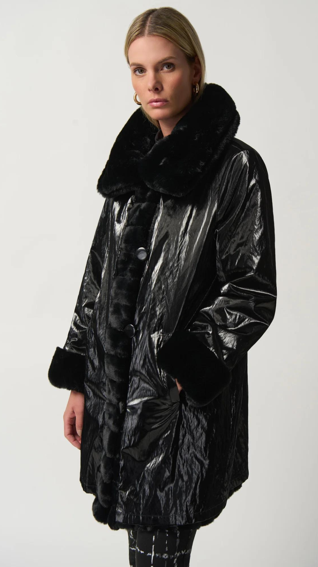 Faux Fur to Shiny Reversible Outerwear in Silver or Black. Style JR233900