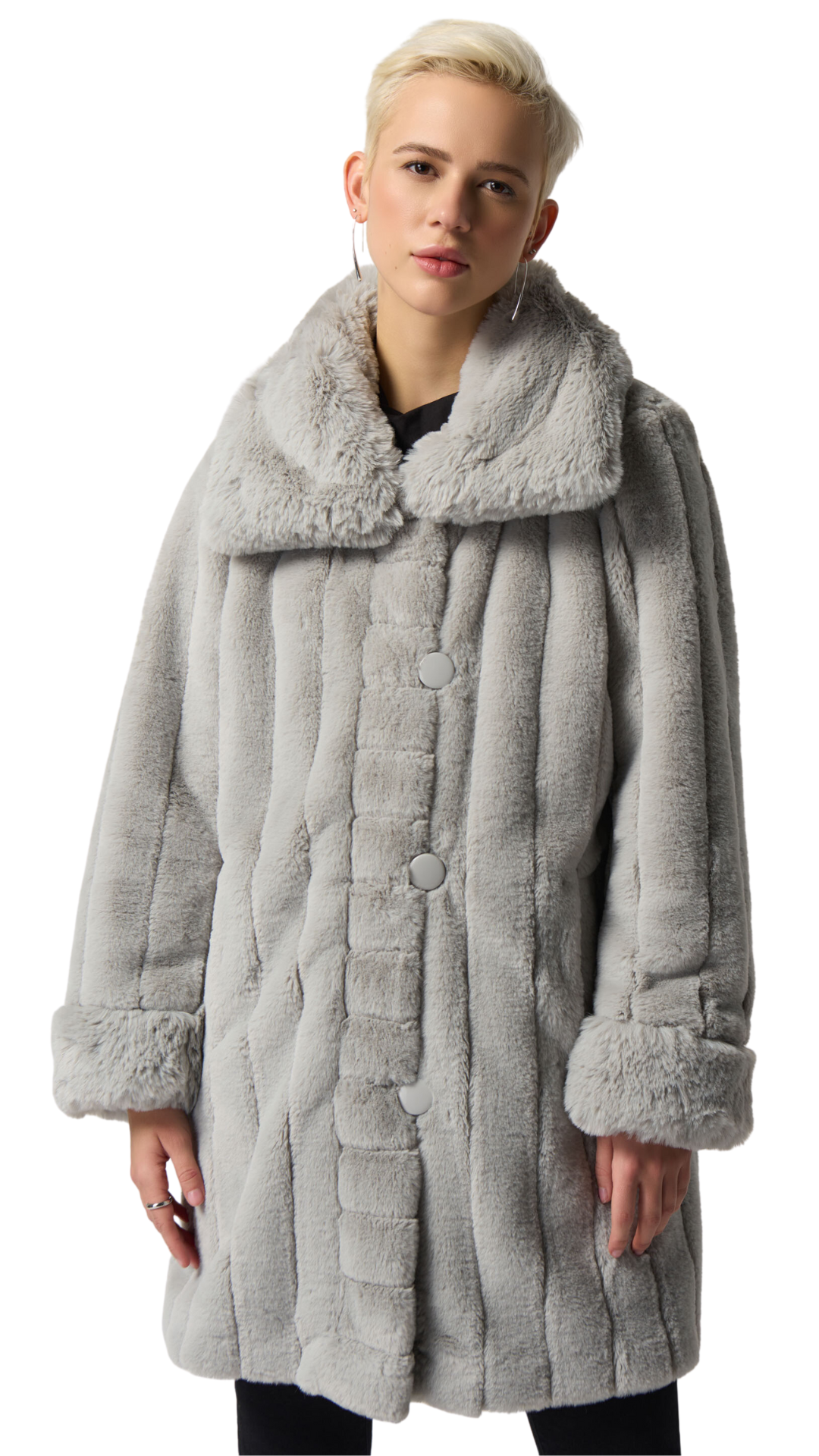 Faux Fur to Shiny Reversible Outerwear in Silver or Black. Style JR233900