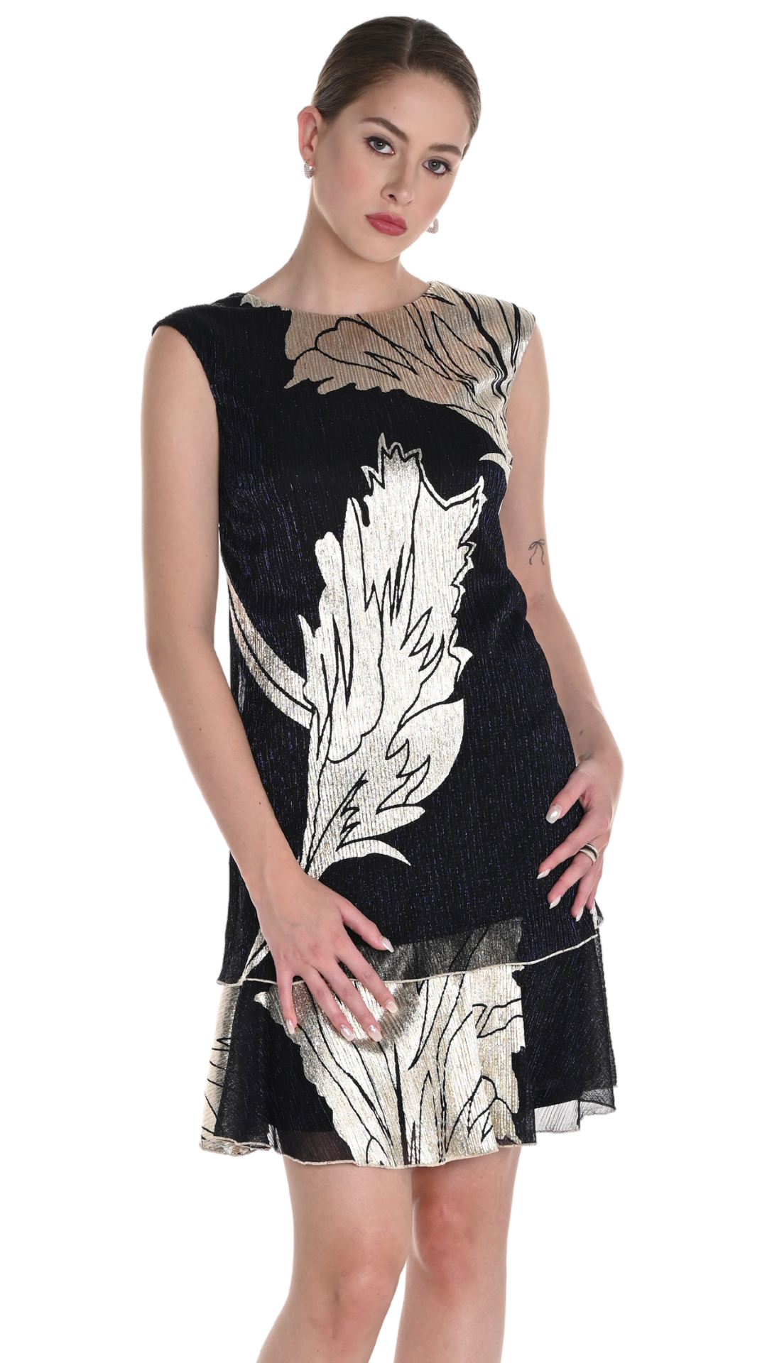 Gold Leaf Chiffon Textured Overlay Dress. Sttyle FL258324
