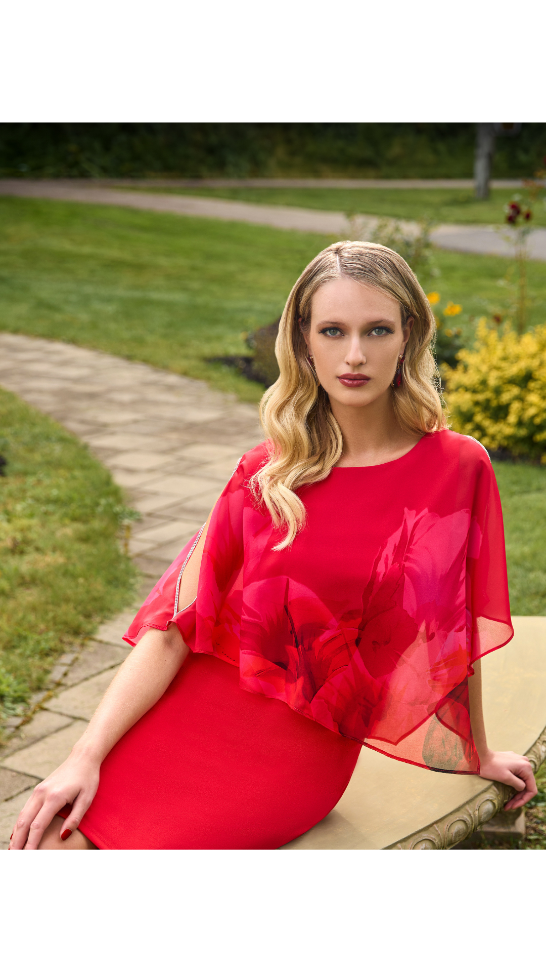 Chiffon Floral Cape Overlay Dress. Style FL248156