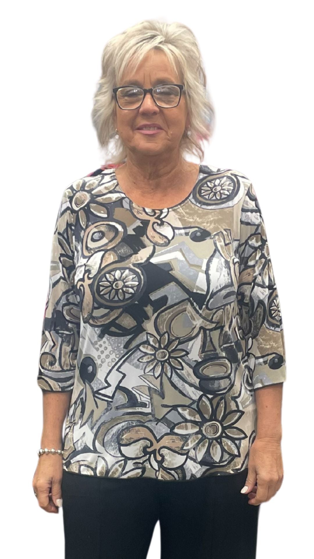 Neutral Tones Abstract Print 3/4 Sleeve Top. Style ELWTINA-478