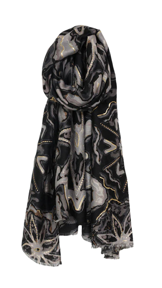 Abstract Print & Lurex Gold Details Scarf. Style CARA6220-BLK